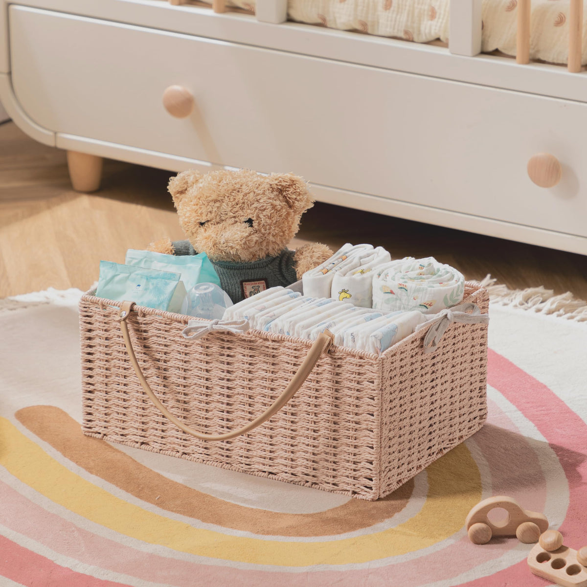 HBlife Large Baby Diaper Caddy Organizer Pink, Paper Rope Storage Baskets Nursery Bin with Removable Divider, Portable Car Organizer for Diapers, Baby Shower Gifts, Newborn Essentials Must Haves