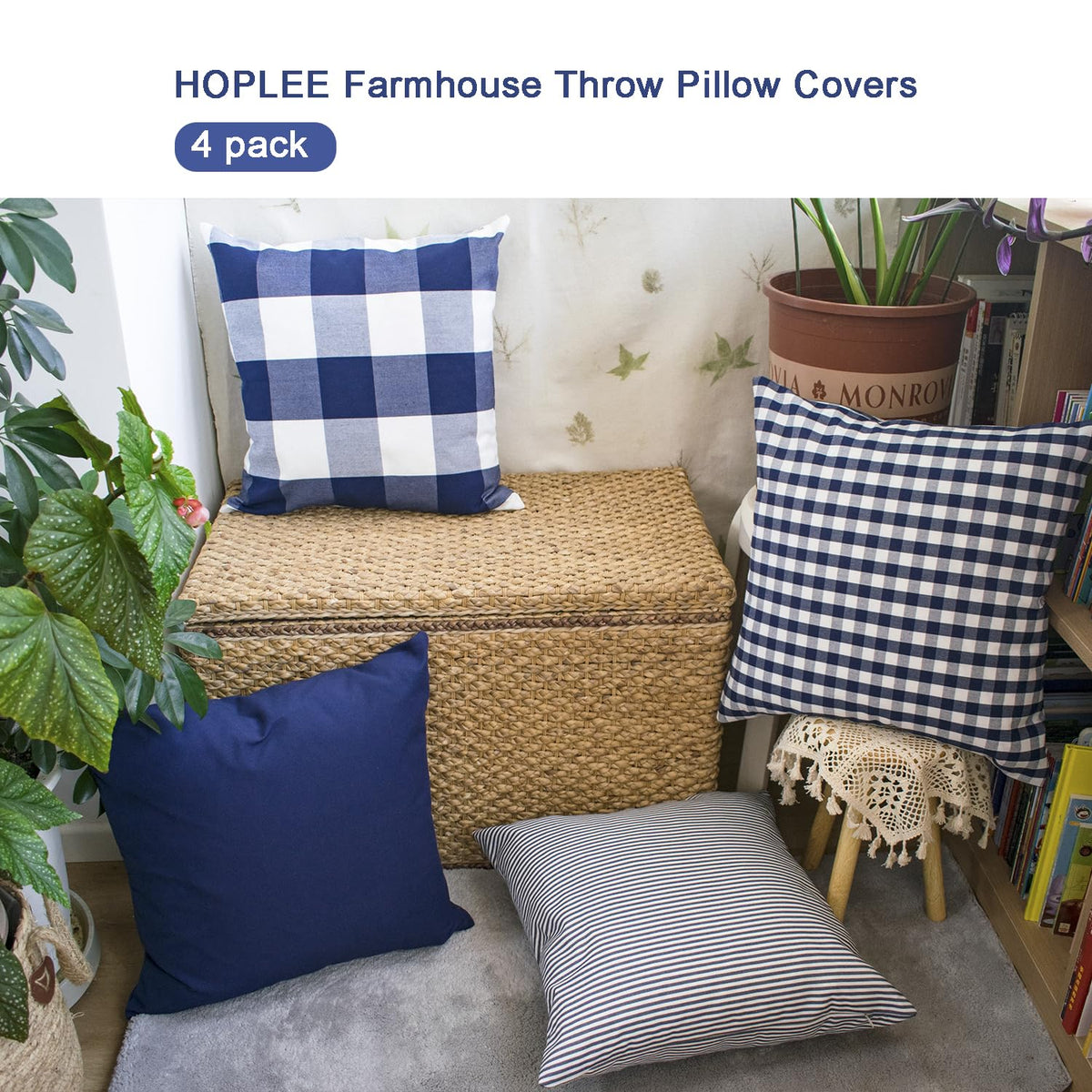 HOPLEE Navy Blue Decorative Pillow Cover 16x16 Pillow Cover with Buffalo Plaid, Solid Navy Blue, Tricking Stripe and Gingham Plaid Design 16x16 Inches Set of 4