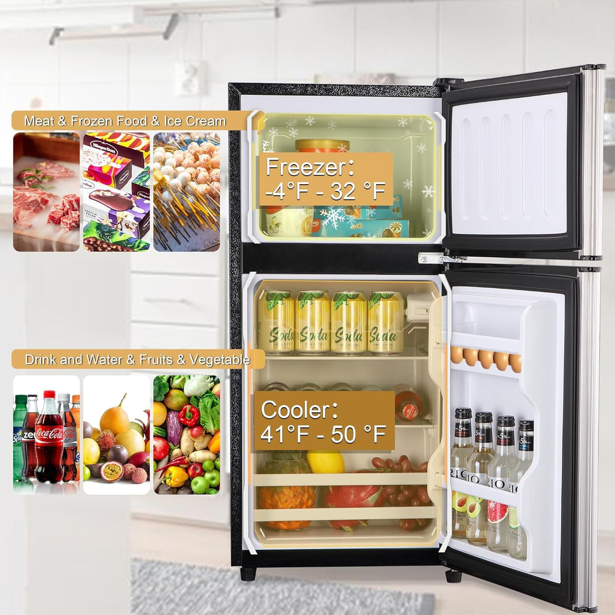 Mini Fridge with Freezer, 3.2 Cu. Ft. Small Fridges with Freezer, Refrigerators Adjustable Thermostat, Apartment Size Refrigerator with Freezers for Office, Apartment, Dorm, Kitchen, Silver