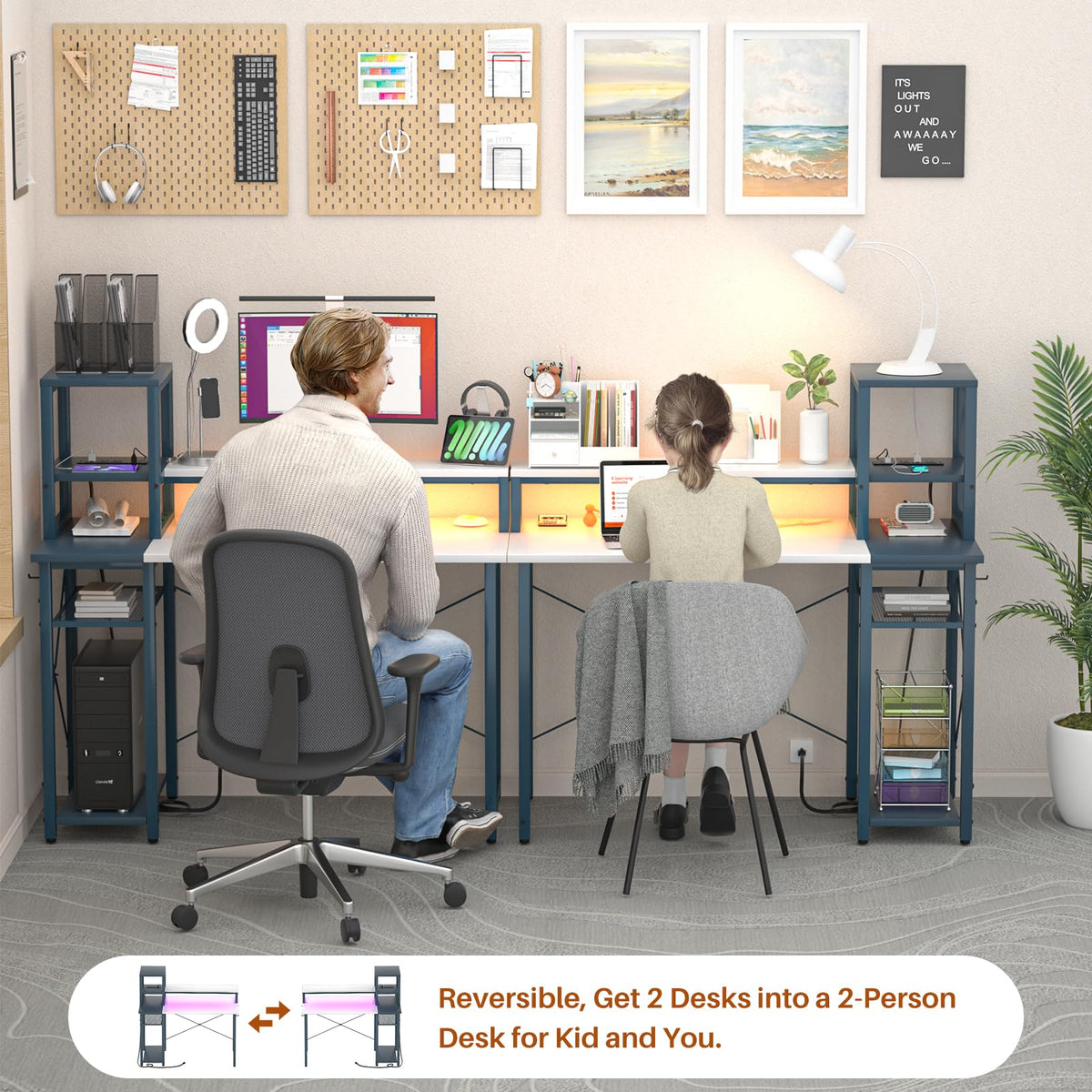 armocity 2024 Upgrade Gaming Desk with LED Lights, Computer Desk with Long Monitor Stand, 40'' Reversible Laptop Table with Shelves, Small Desk for Small Spaces, Gaming Room, White and Blue
