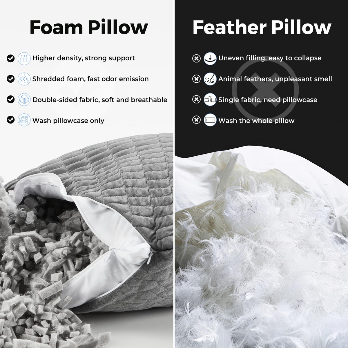 puredown Pillows Queen Size Set of 2, Shredded Memory Foam Pillows, Cooling Foam Pillow for Sleeping, Soft Bed Pillow Queen Size with Adjustable Foam for Side, Back and Stomach Sleepers, Grey