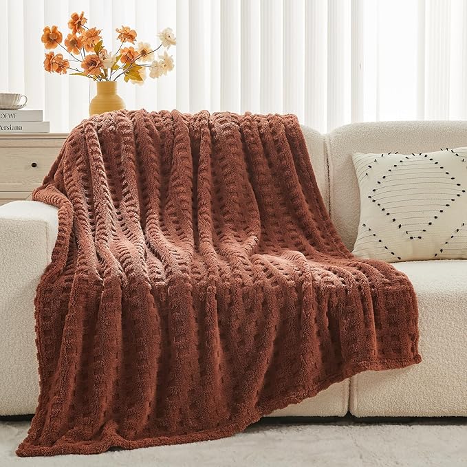 NEWCOSPLAY Super Soft Queen Blanket Coffee Premium Silky Flannel Fleece 3D Waffle Checkered Lightweight Bed Blanket All Season Use (Coffee, Queen(90"x90"))
