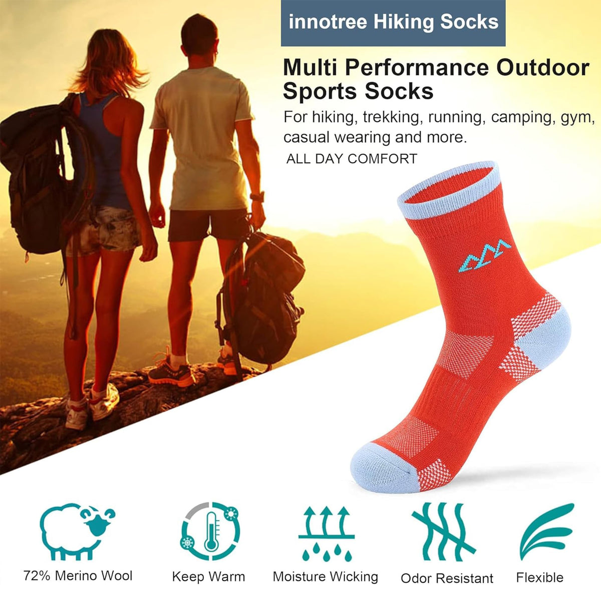 innotree 3 Pack Women's Merino Wool Hiking Socks, Half Cushioned Hiking Thermal Socks Moisture Wicking Micro Crew Socks