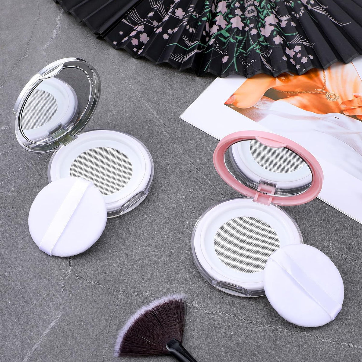 2 Pcs Loose Powder Container with Puff, 0.3-0.7oz Reusable Travel Powder Puff Case Refillable Empty Makeup Compact Box with Mirror for Travel DIY Makeup Cosmetic