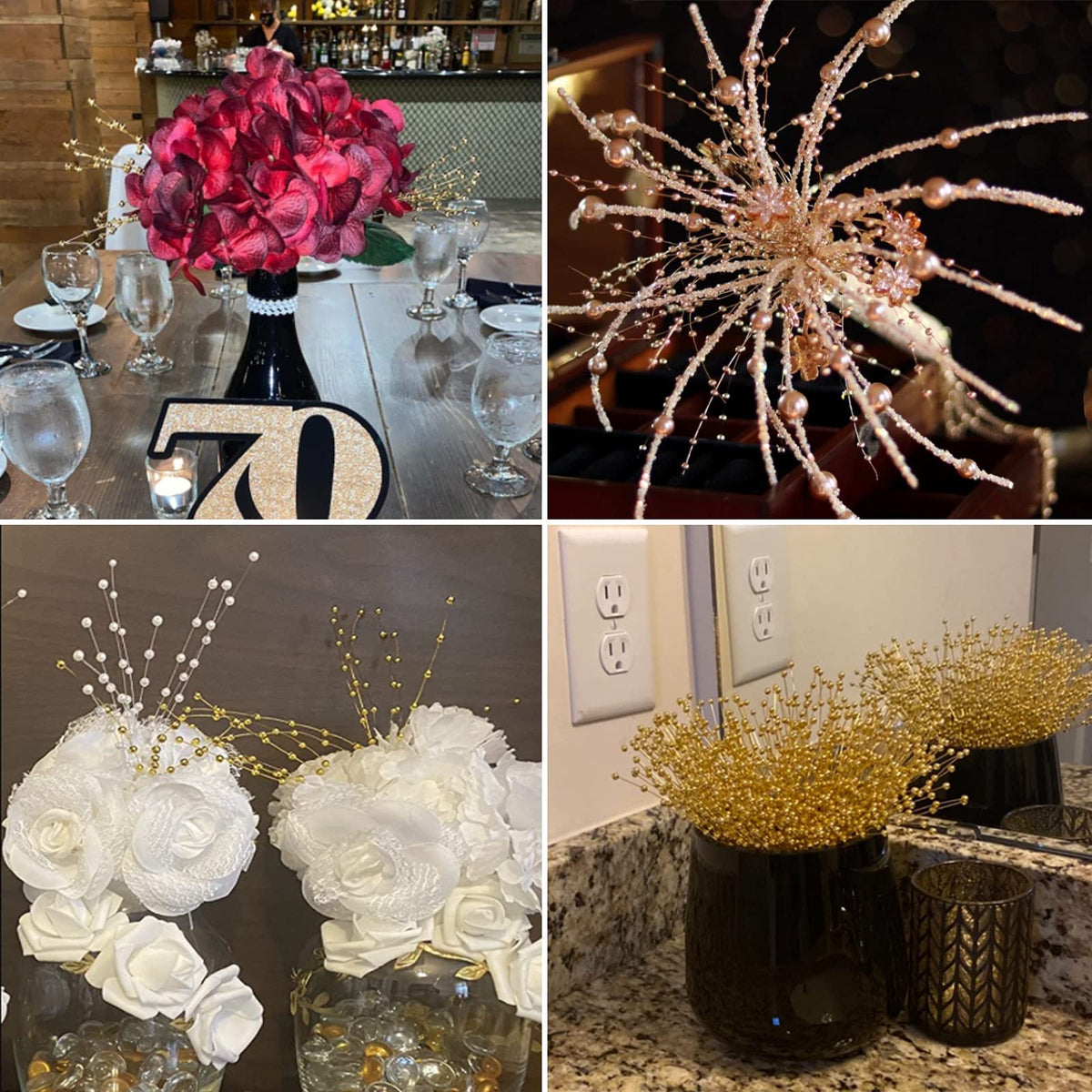 60 Pieces Pearl Stick Stems Bouquets, 4mm Bead String Garland Beaded Spray Filler Floral Arrangements Tree Picks Wedding Party Decoration (Gold)