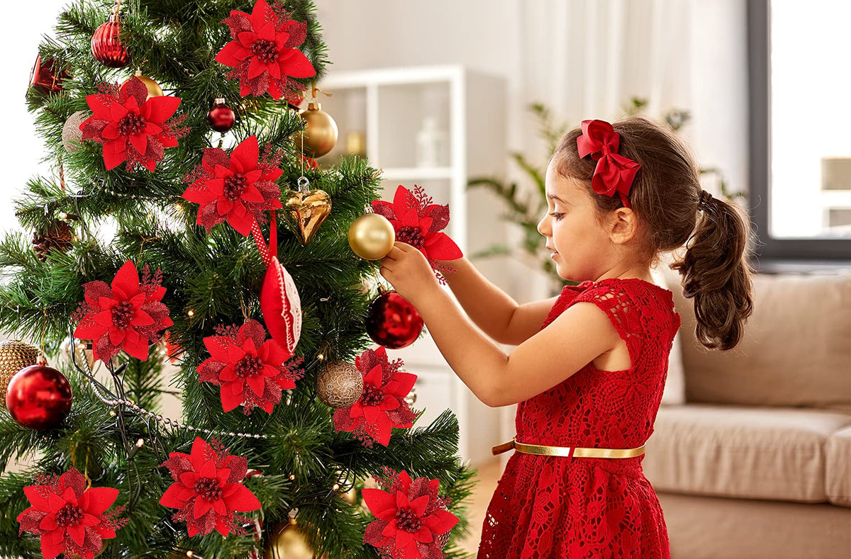 RECUTMS 10 PCS Red Glitter Poinsettia Flowers Christmas Tree Ornaments Fake Christmas Flowers Artificial Christmas Flowers Decorations Wedding Xmas Tree New Year Ornaments Wreath Decoration(Red)