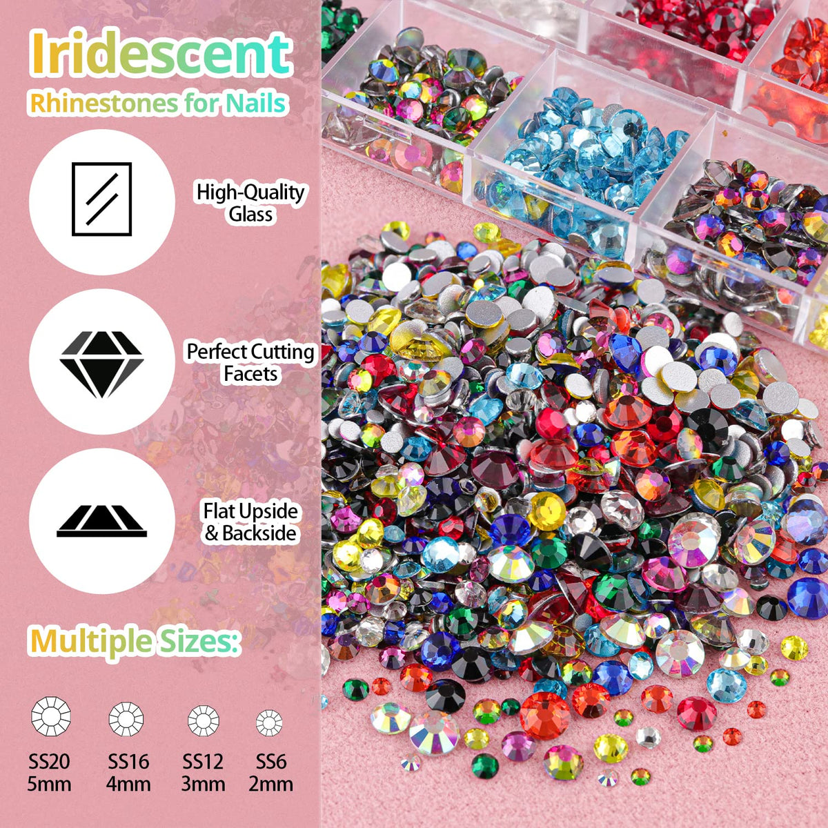 Round Flatback Face Gems Kit (Colorful) for Makeup with Quick Dry Glue + Brush + Tweezer, Nail Art Rhinestones Mixed Color Iridescent Chameleon Glass Crystal Beads for Make-up Deco