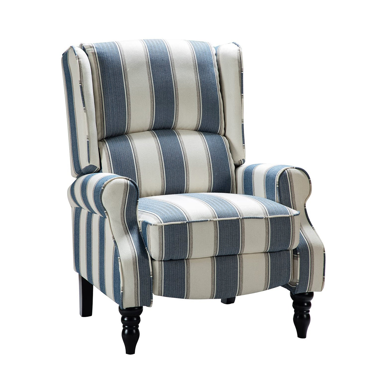 HULALA Home Upholstered Wingback Recliner Chair, Small Adjustable Footrest Push Back Single Reclining Sofa, Mid Century Modern Lounge Armchair for Living Room, Bedroom, Reading/Stripe Navy