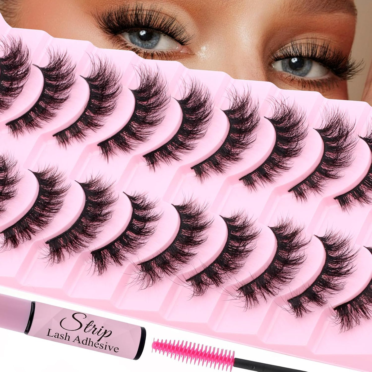 Strip Lash with Glue for DIY Lash-users: 10 Pairs, DIY, Natural Look, Fluffy, Manga, Wispy, Waterproof, Anime, Cat Eye, D Curl, XH42-08