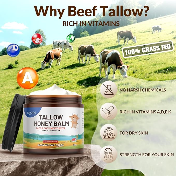 Beef Talow for Skin -100% Grass Fed - Whipped Tallow and Honey Balm for Face & Body Moisturizer -Natural Formula for Dry,Sensitive Skin,Eczema- 4 oz (Citrus Breeze)