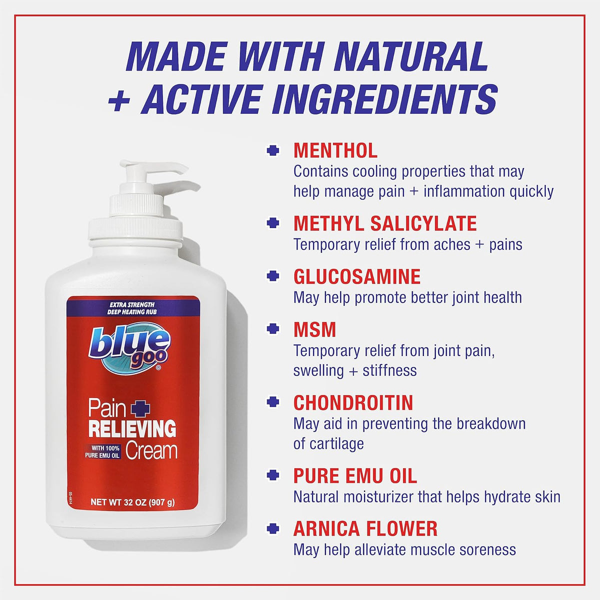 Blue Goo Pain Relieving Cream – for Back and Neck Pain, Sports-Related Muscle and Joint Pain, Sprains and Strains, Maximum Strength Deep Heating Rub, Made with 100% Pure Emu Oil, 32 oz (1 Pack)