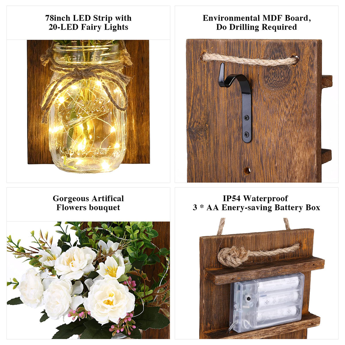 Lightess Wall Decor Mason Jar Sconces with Remote Control, Rustic Home Decor Wall LED Fairy Lights with White Rose, Farmhouse Wall Decorations Lights Set of Two for Dining Room Living Room