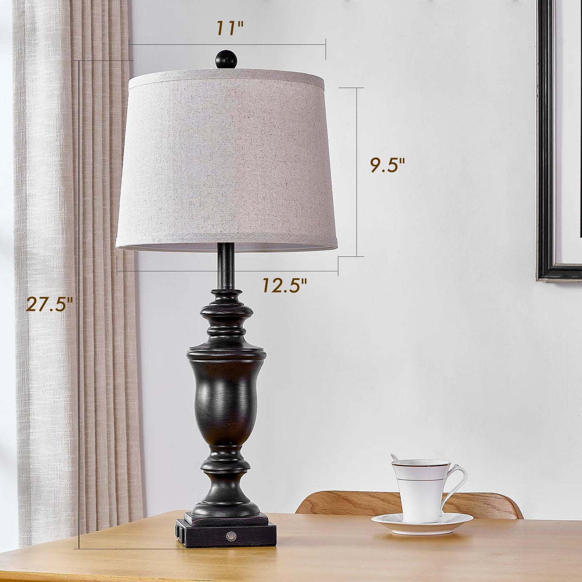 SAIWEYA 27.5" Set of 2 Farmhouse Table Lamps for Bedroom, 3 Way Dimmable Bedside Lamp with 2 USB +AC Outlet Nightstand Lamps for Living Room Resin Rustic Touch Lamps (Antique Black)
