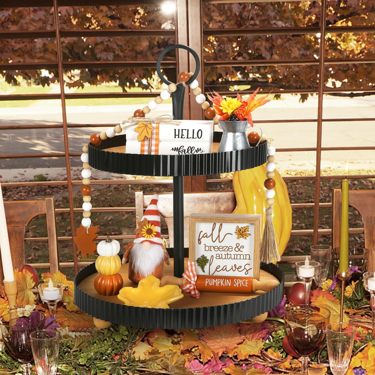 Fall Decorations, 8 PCS Fall Tiered Tray Decor Set, Thanksgiving Harvest Table Centerpiece Pumpkin Gnome Fake Plant Maple Autumn Farmhouse Wood Sign, Indoor Tabletop Decor for Home Office Shelf Mantel