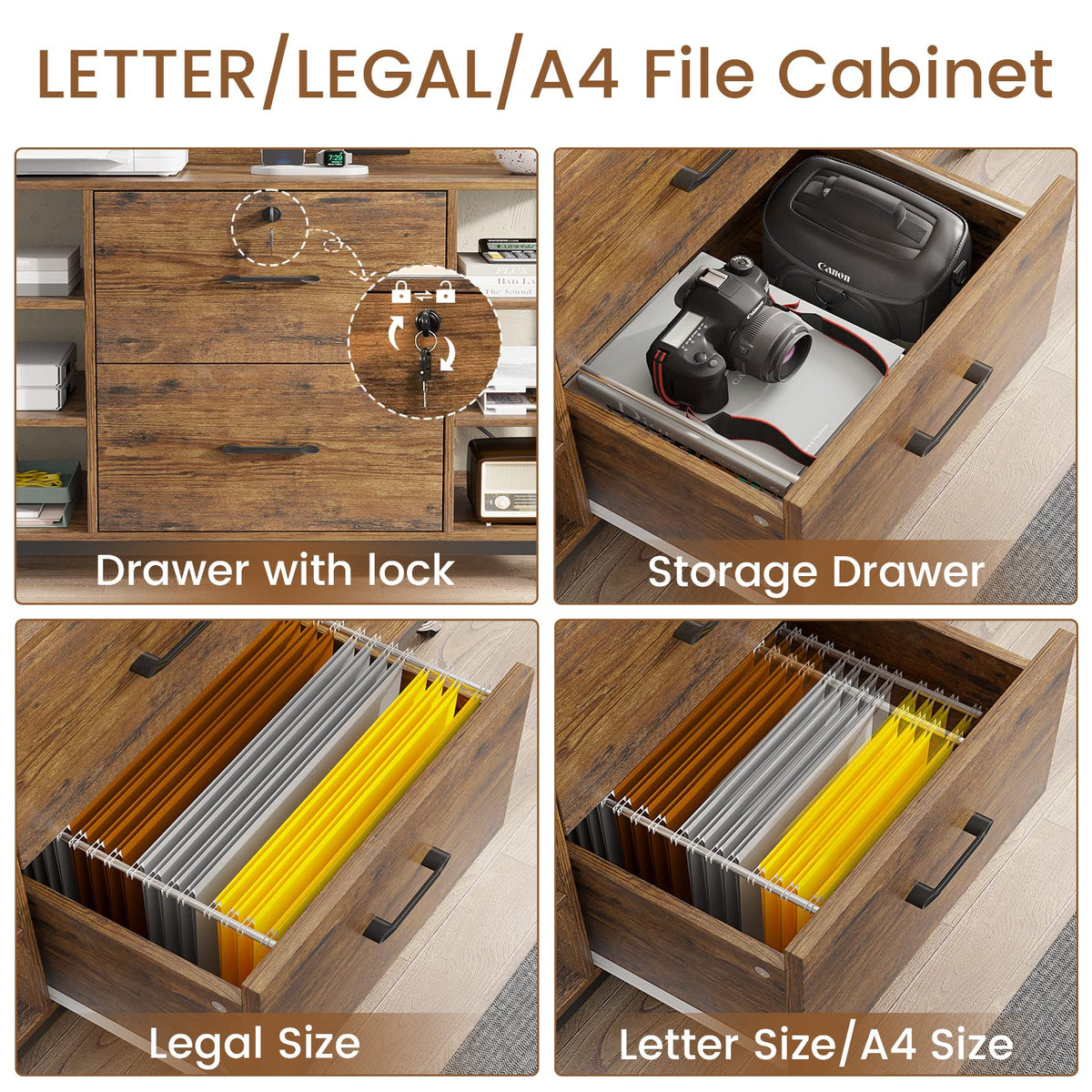 SEDETA 44" File Cabinet, Filing Cabinet fits Legal/Letter Size, 2 Drawer File Cabinets for Home Office with Lock, Power Strip, 6 Storage Shelves, Rustic Brown