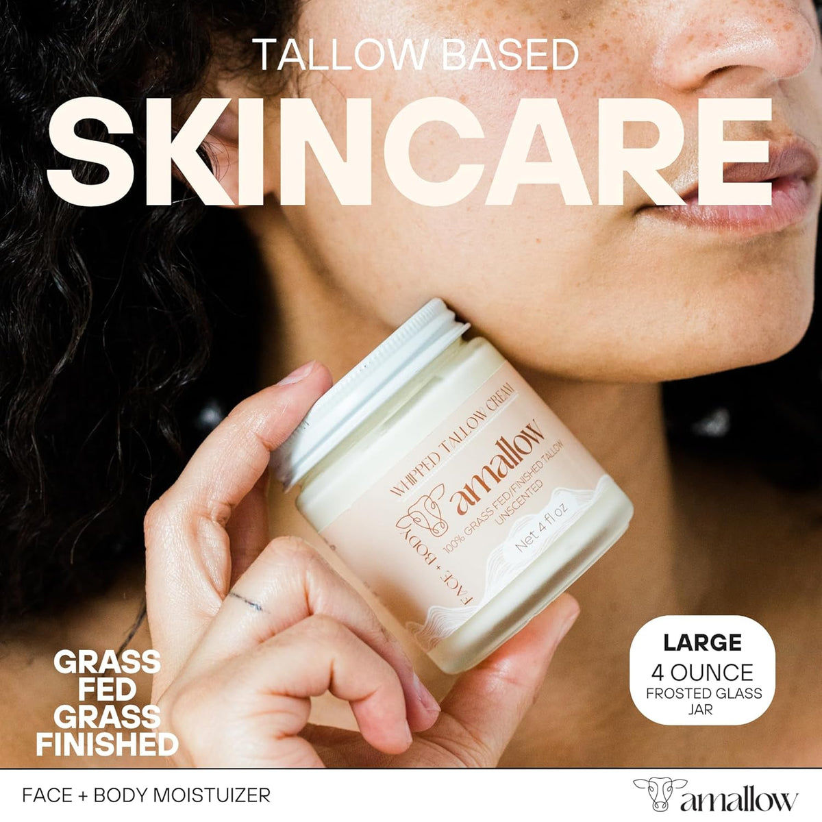 Amallow 100% Grass Fed Beef Tallow for Skin Care - Face + Body - Whipped Moisturizer for Sensitive Skin - Natural Lotion, 4 FL. oz. (Unscented)
