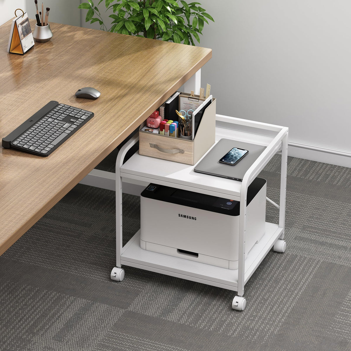 Fannova 20 Inches Deep Large Printer Stand, 2 Tier Under Desk Printer Table with Height Adjustable Shelf, Rolling Printer Cart with Wheels for Home Office Storage - White