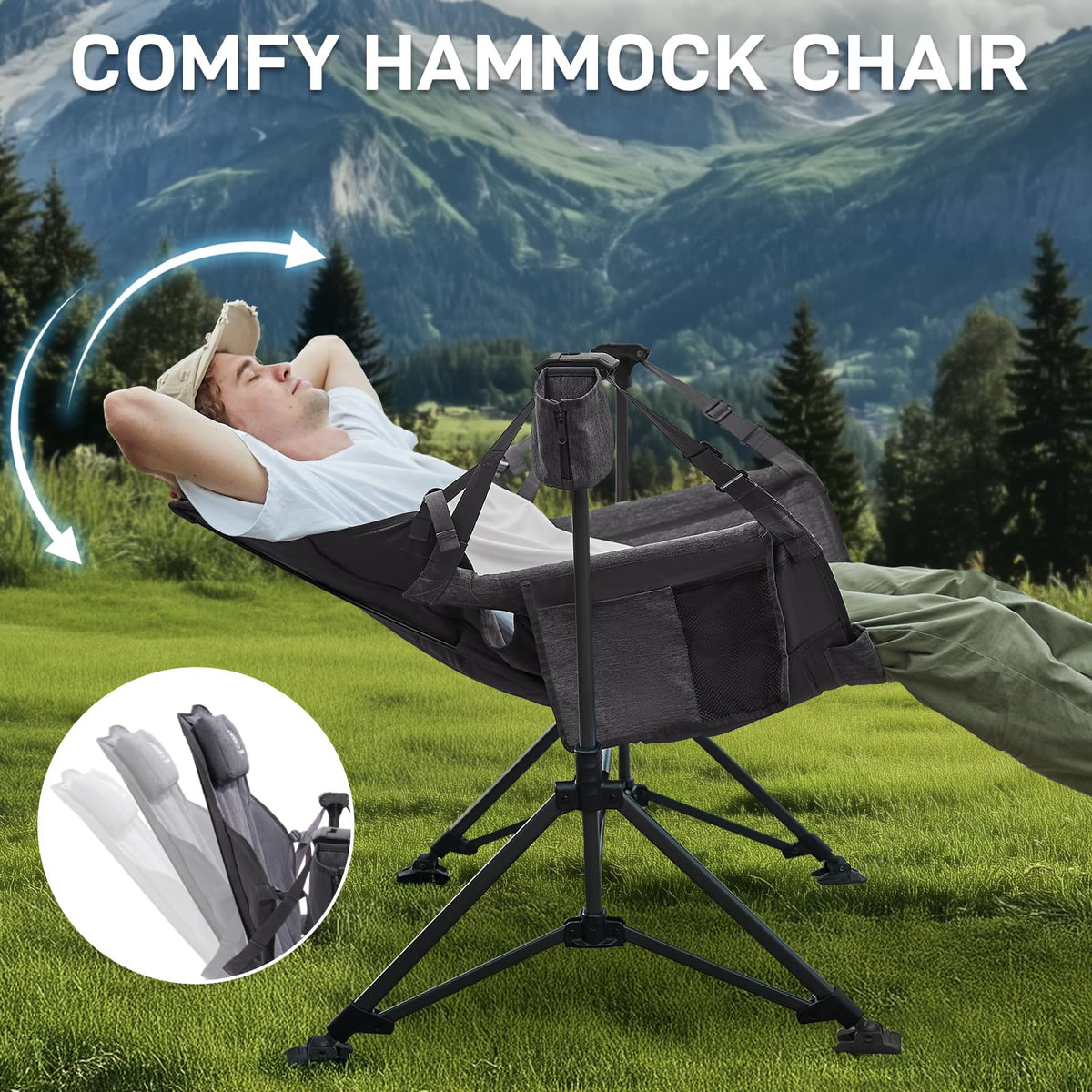 EVER ADVANCED Padded Hammock Camping Chair, Oversized Heavy Duty Swing Chair with Detachable Cup Holder, Portable Folding Rocking Camping Chair, Support Up to 400lbs, Grey