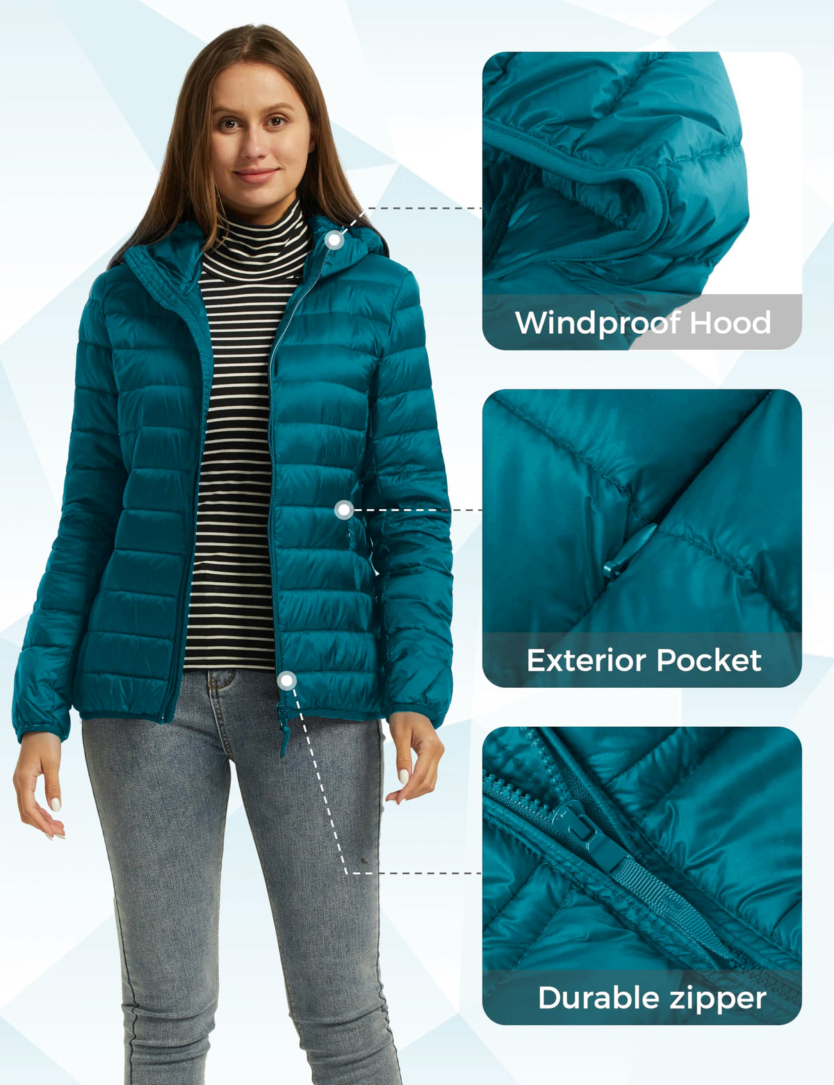 wantdo Women's Light Weight Down Coat Packable Warm Jacket Teal Blue Large