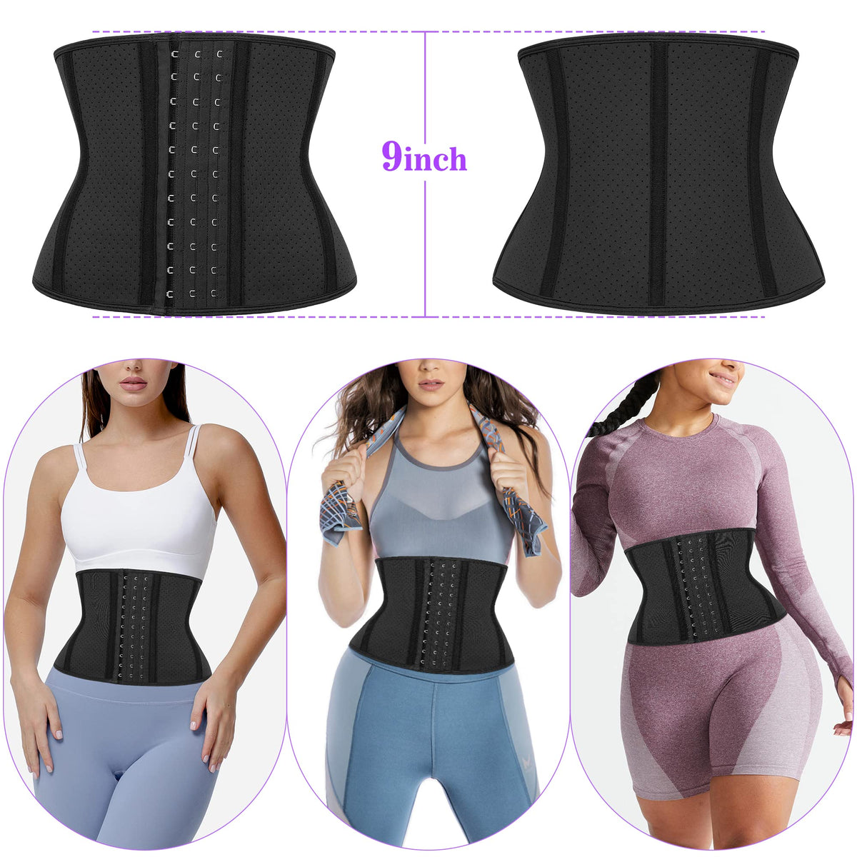 LUXURY-VITA Women Short Torso Waist Trainer Corset Trimmer 9 Steel Boned Tummy Control Body Shaper With Adjustable 3 Rows Of Hooks, Girdle For Women
