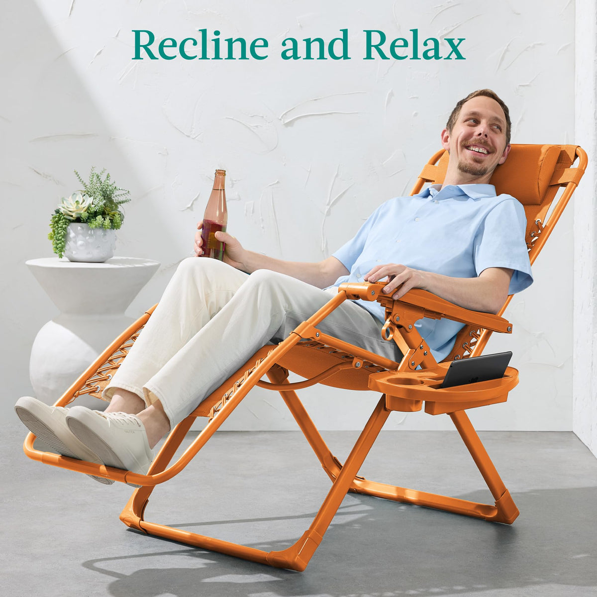 Best Choice Products Adjustable Zero Gravity Chair, Monochromatic Color Folding Patio Recliner w/Side Tray, Headrest - Tangerine