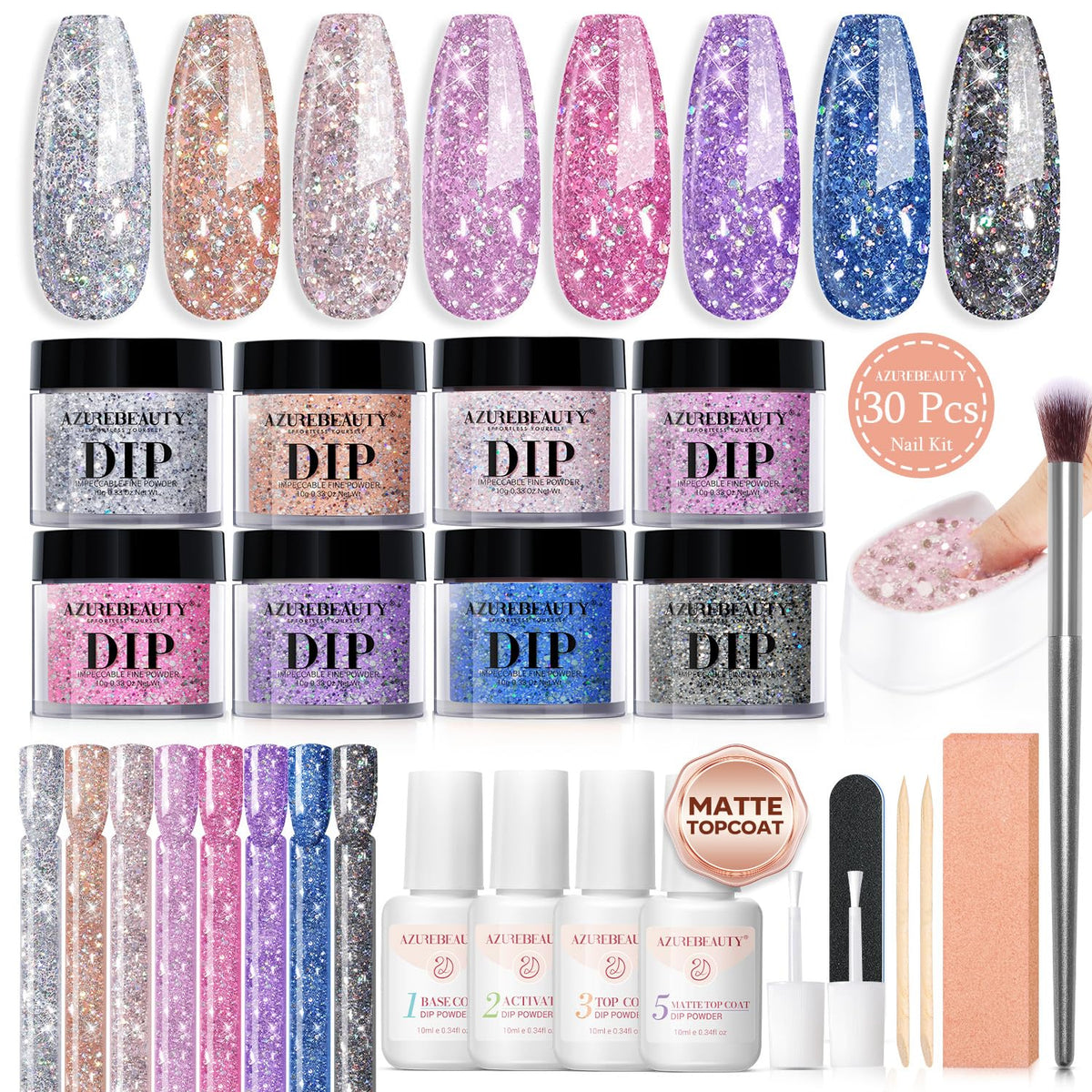 AZUREBEAUTY Dip Nails Powder Starter Kit, Silver Pink Blue Purple Black Shiny Chrome Platinum 8 All Season Colors with Nail Sticks, Base Glossy/Matte Top Coat Activator Liquid Set Manicure Art 30 PCS