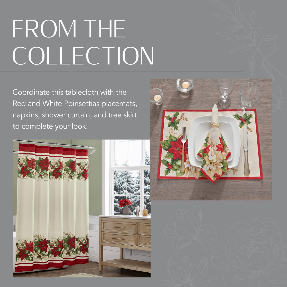 Elrene Home Fashions Red and White Poinsettia Holiday Fabric Wrinkle Resistant Tablecloth, 60" x 120", Multi