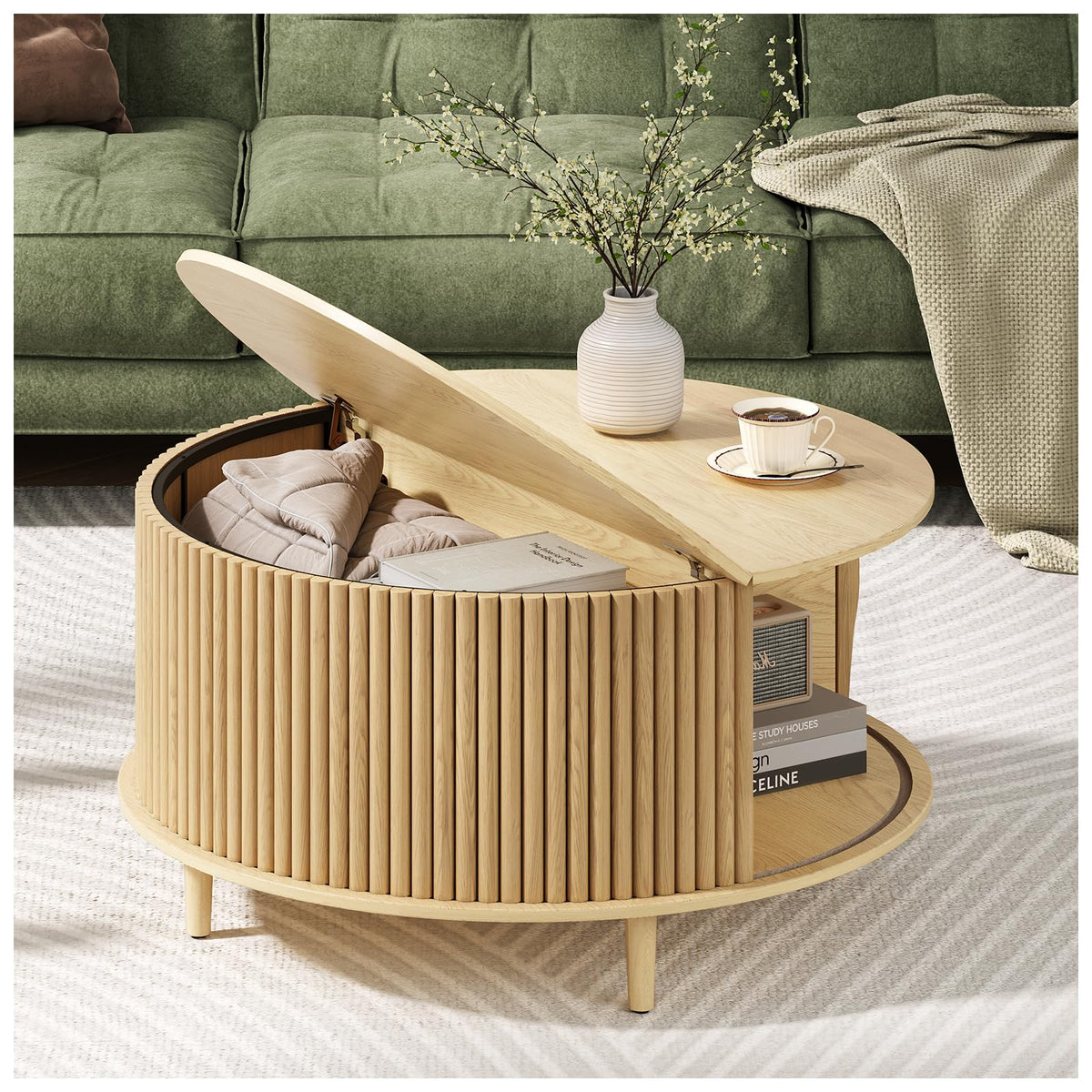 JOINICE,Round Coffee Table with Storage,Fluted Lift Up Coffee Table with Sliding Cabinet Door for Living Room,Home Small Space,31.5" Drum Center Table,Oak