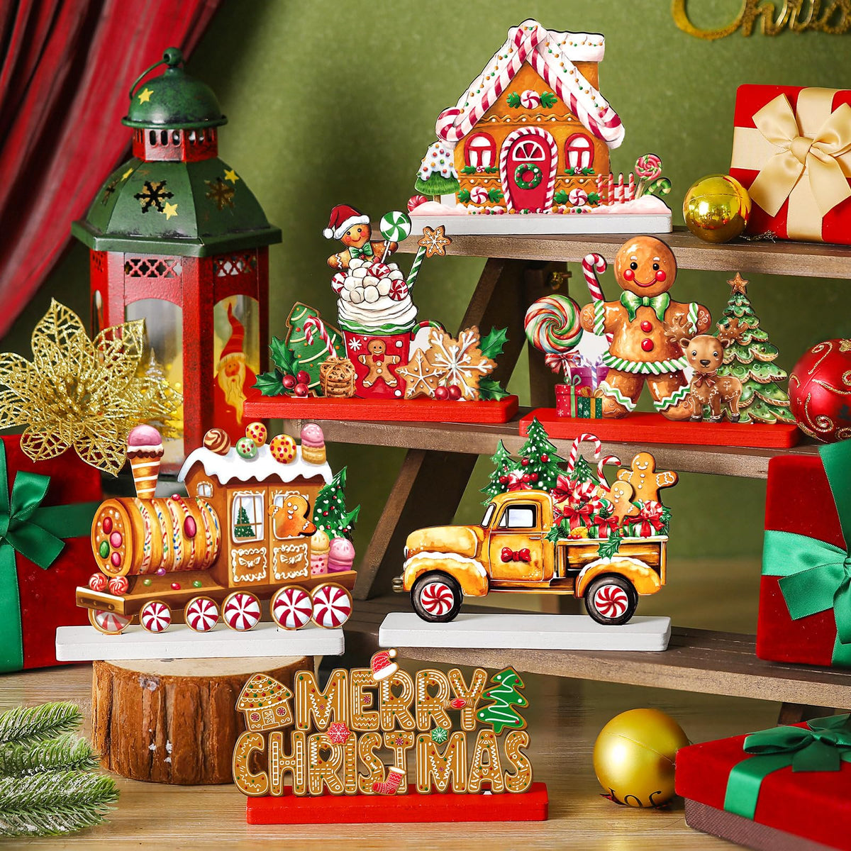 Wonderjune 6 Pcs Christmas Gingerbread Man Table Decoration Signs Wooden Christmas Tabletop Centerpieces Tiered Tray Decor Gingerbread House Truck Train Xmas Decorations for Holiday Party Supplies