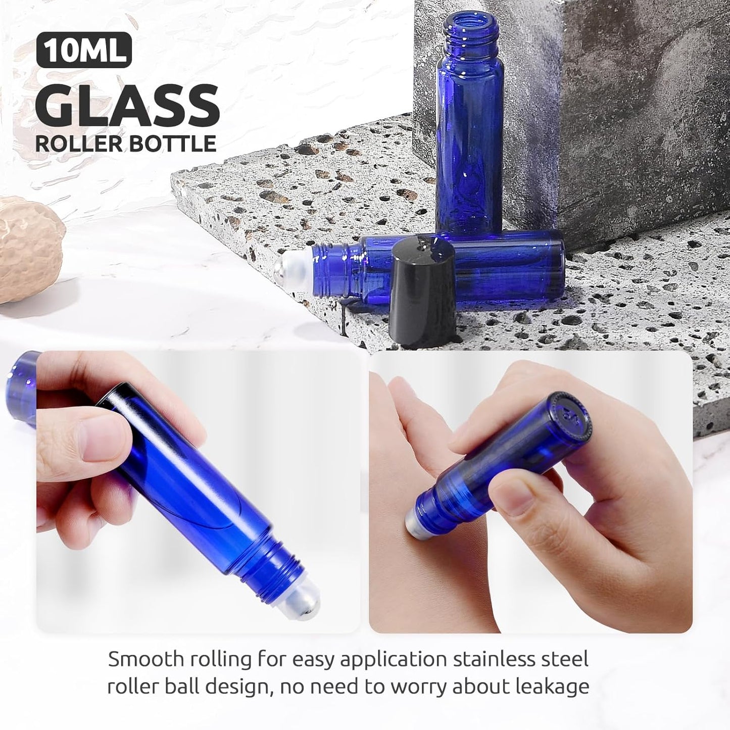 10ml Roller Bottles for Essential Oils, 4 Pack Glass Roll on Bottles Stainless Steel, Opener, Pipettes, Funnel, Stickers, Refillable Container for Perfume