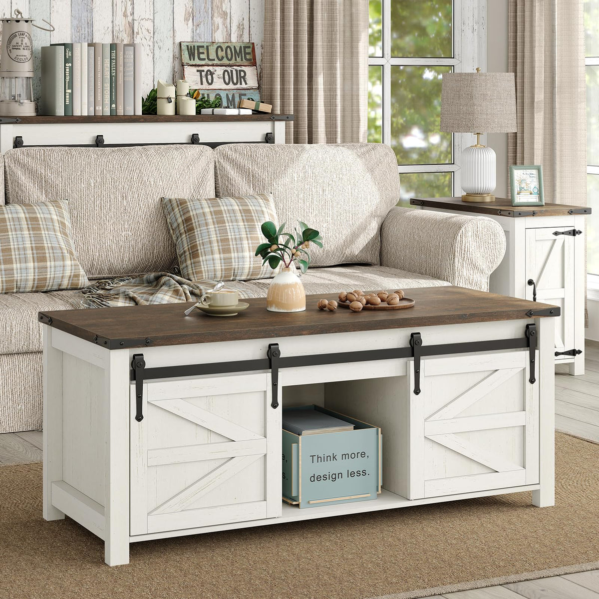 Furnihold 47.3'' Lift Top Coffee Table with Storage, Modern White Coffee Table with Sliding Barn Doors, Farmhouse & Rustic Rectangle Center Table for Living Room, Office, Brown Top