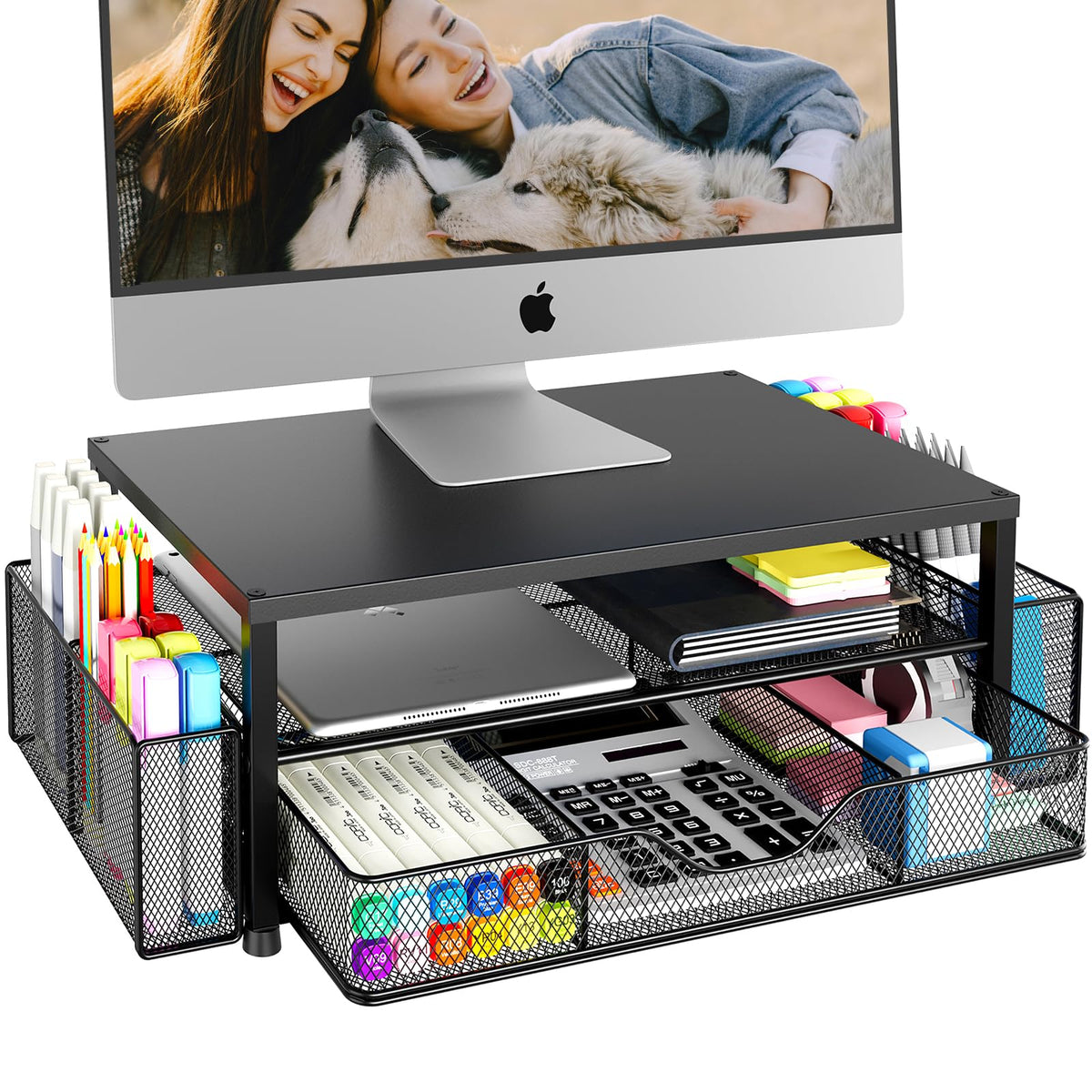 OPNICE Desk Organizer and Accessories, 2-Tier Computer Monitor Stand Riser with Drawer and 2 Pen Holders, Office Desk Accessories for Office Supplies, Black