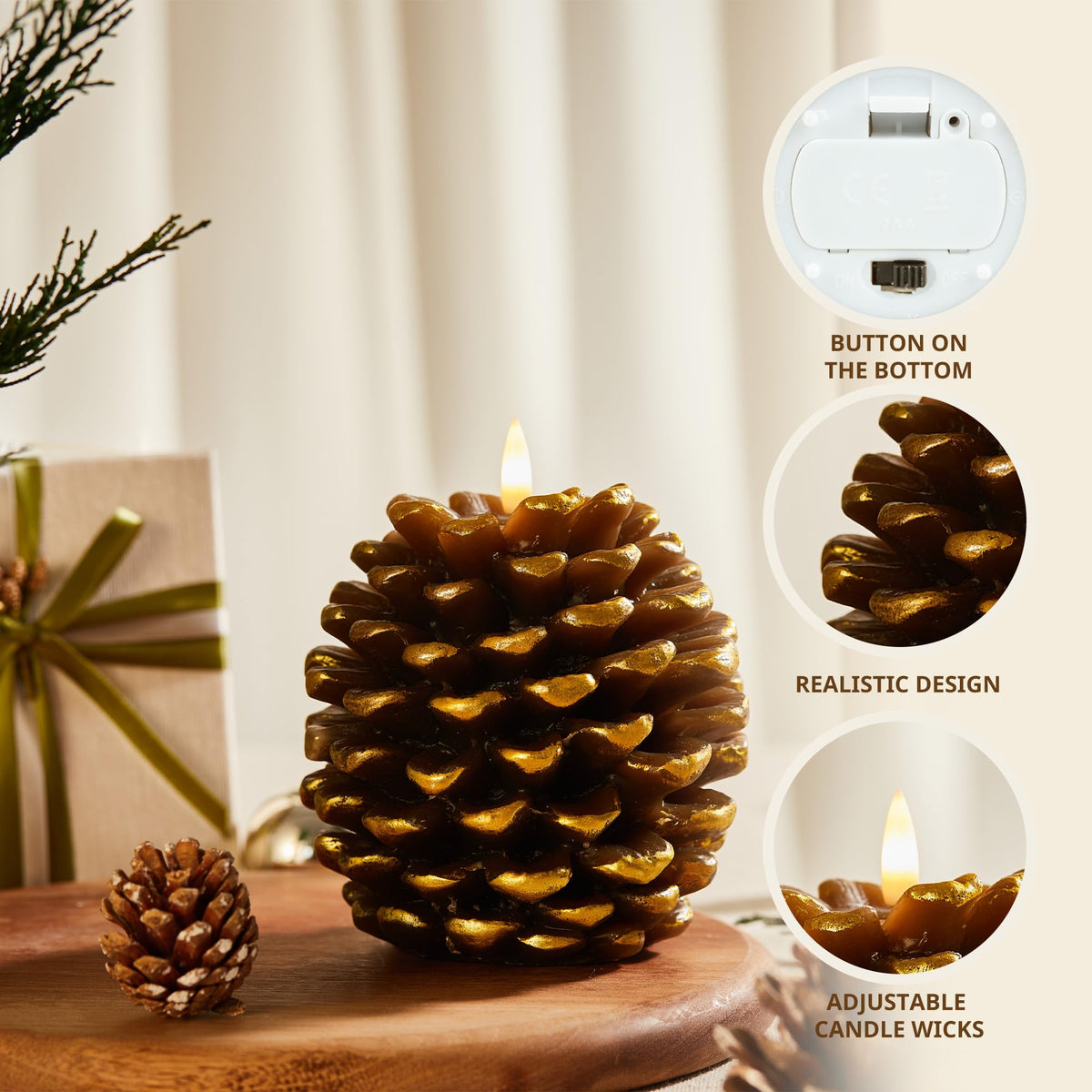 BRONYPRO 2 Pcs Pinecone Flameless Candles with Remote Timer,LED Candles Battery Operated for Christmas,Real Wax Pine Cone Flickering Candles for Holiday Indoor Decoration,Set of 2,Brown(5.5" X 4.5")