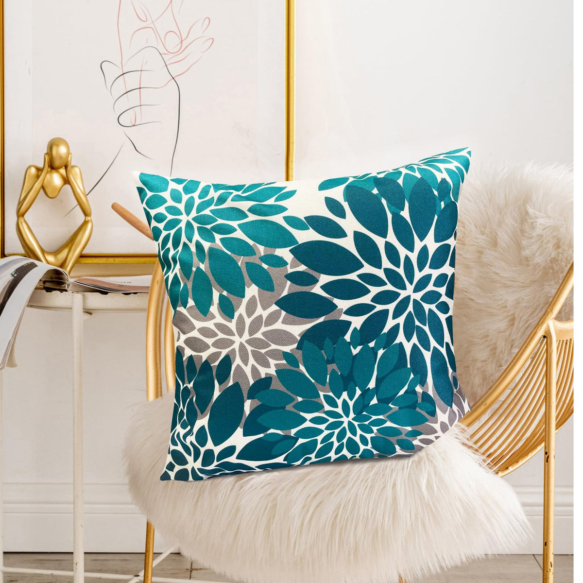 RYSMIYOU Decorative Throw Pillow Covers Set of 2 Teal Blue pillow covers 18x18 inch Throw Pillow Cases Linen Square Pillow Case,Farmhouse Outdoor Floral Flower Pillow Covers for Couch Sofa Living Room