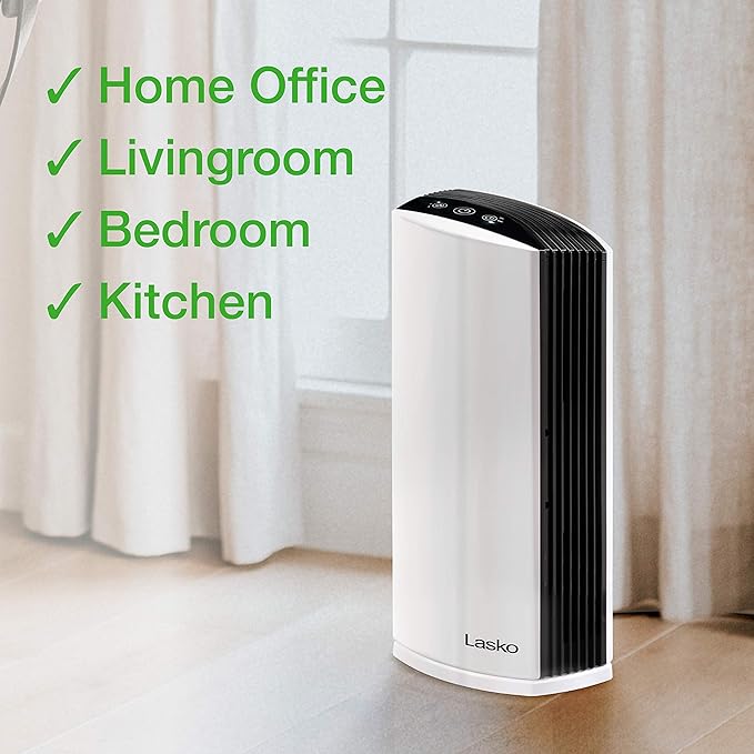 Lasko LP300 HEPA Tower Air Purifier with Timer for a Cleaner, Fresher Environment –2-Stage Filtration Removes Smoke, Odors, Pet Dander, Virus Sized Particles, Pollen, Dust, 21.6" x 7.3” x 10.3”, White