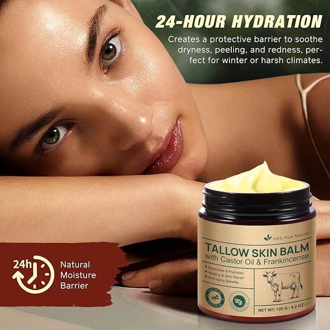 Beef Tallow Skin Care with Castor Oi & Frankincenses, Grass Fed Whipped Tallow Honey Balm for Face & Body, Natural Moisturizer Hydrates, Deeply Nourishes, Enhances Natural Radiance