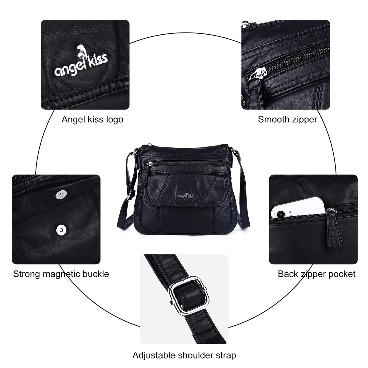 Angelkiss Small Womens Crossbody Bag Leather Shoulder Purse for Women Hobo Bag with Adjustable Shoulder Strap Black