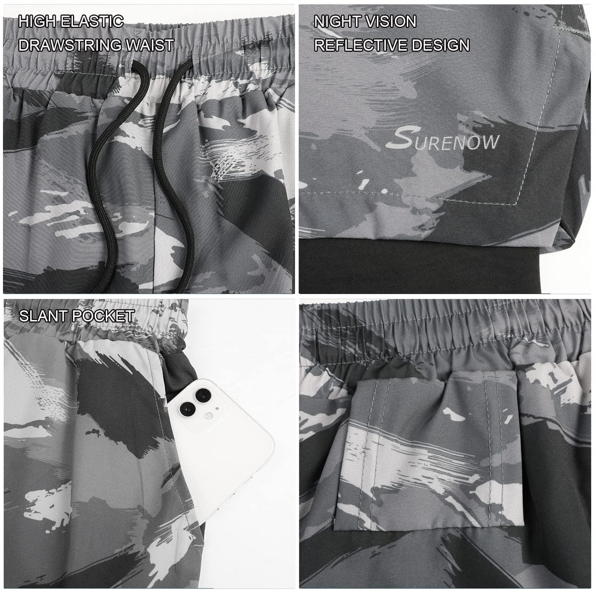 Surenow Mens 2 in 1 Running Shorts Quick Dry Athletic Shorts with Liner, Workout Shorts with Zip Pockets and Towel Loop (Gray-Camouflage, L)