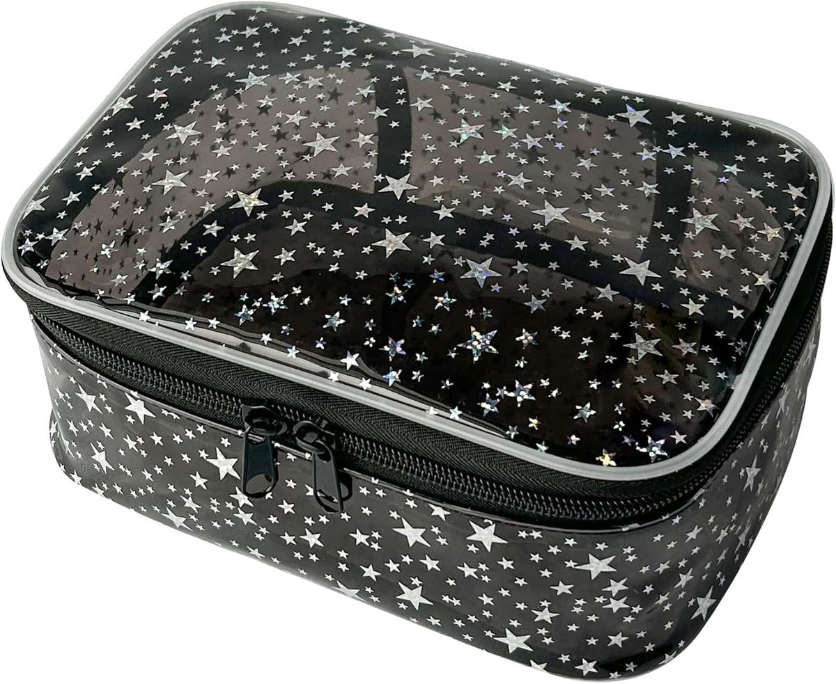 Holographic Makeup Bags Bulk,Clear Storage Bag Toiletry Pocket Portable Zippered Iridescent Pouch Waterproof Cosmetic Gift Bags for Women (Black)