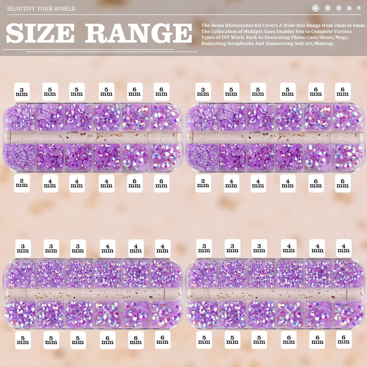 7000PCS Resin Rhinestones with Tweezers for Crafting, 2/3/4/5/6mm Flatback Jelly Rhinestones, 4 Box Lavender Purple AB Non Hotfix Crystal Gems for DIY Crafts Mugs Tumblers Clothes Makeup Nail