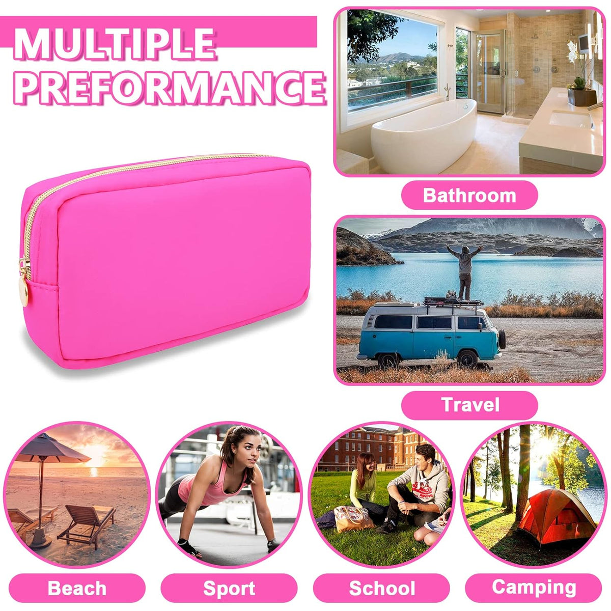 Small Makeup Pouch for Purse, Nylon Travel Toiletry Storage Pouch Cute Preppy Cosmetic Bag for Women Girls, Waterproof Makeup Organizer Skincare Bag Purse with Zipper (Small-Bubblegum)