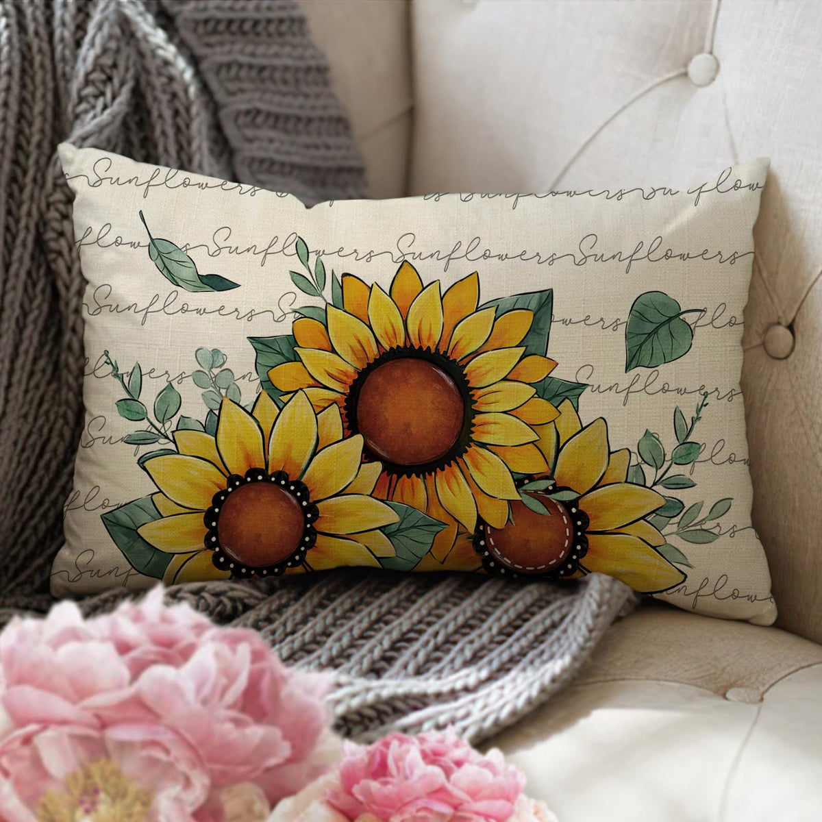 Fjfz Spring Summer Sunflower Lumbar Decorative Throw Pillow Cover 12 x 20, Rectangular Floral Flower Eucalyptus Leaves Outdoor Home Decor, Fall Autumn Seasonal Couch Cushion Case