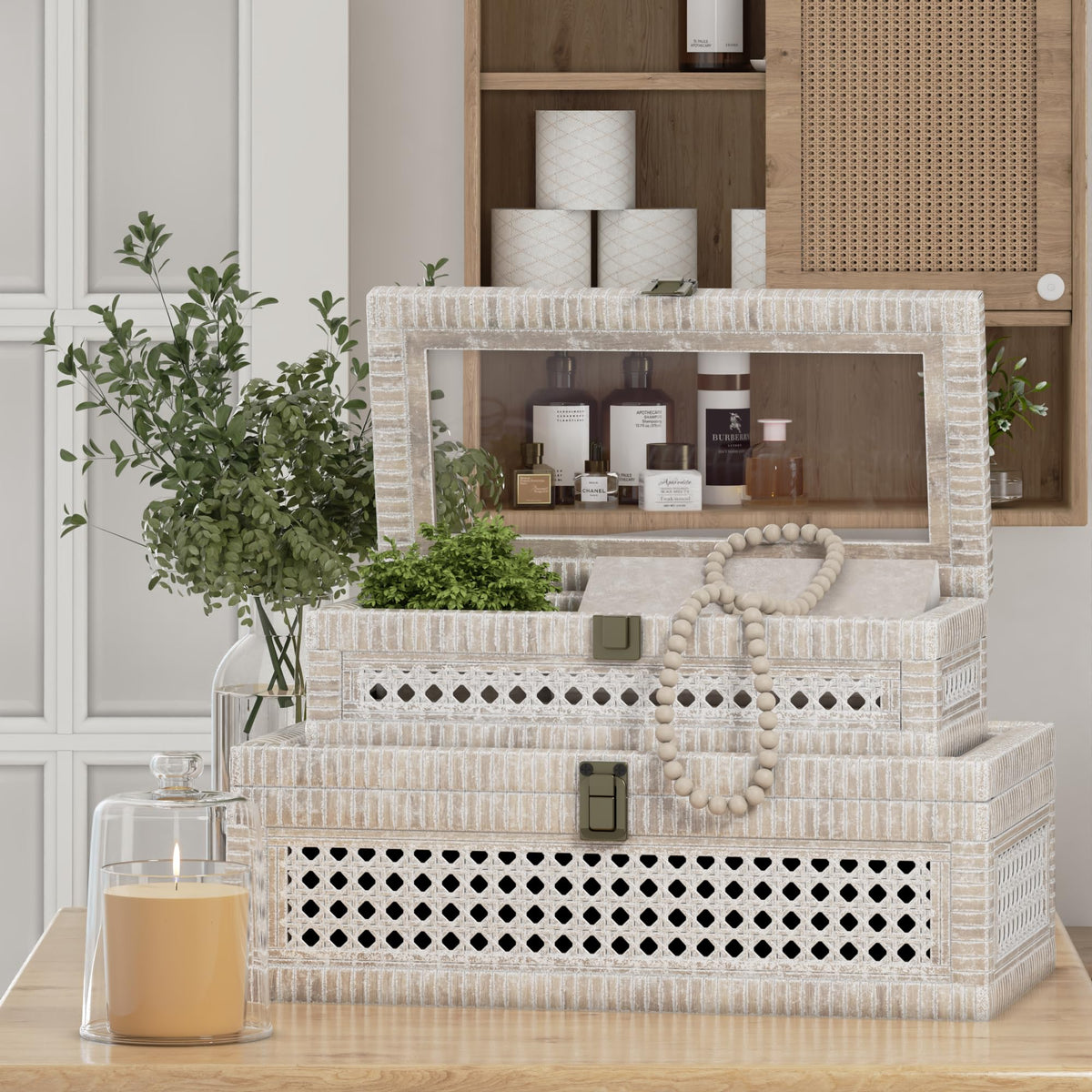Fllamo Rattan Decorative Box,Boho Display Boxes with Lids,Set of 2 Rectangular Wicker Storage Decoration,Natural Woven Cane Bins for Home Decor for Rustic Farmhouse(White)