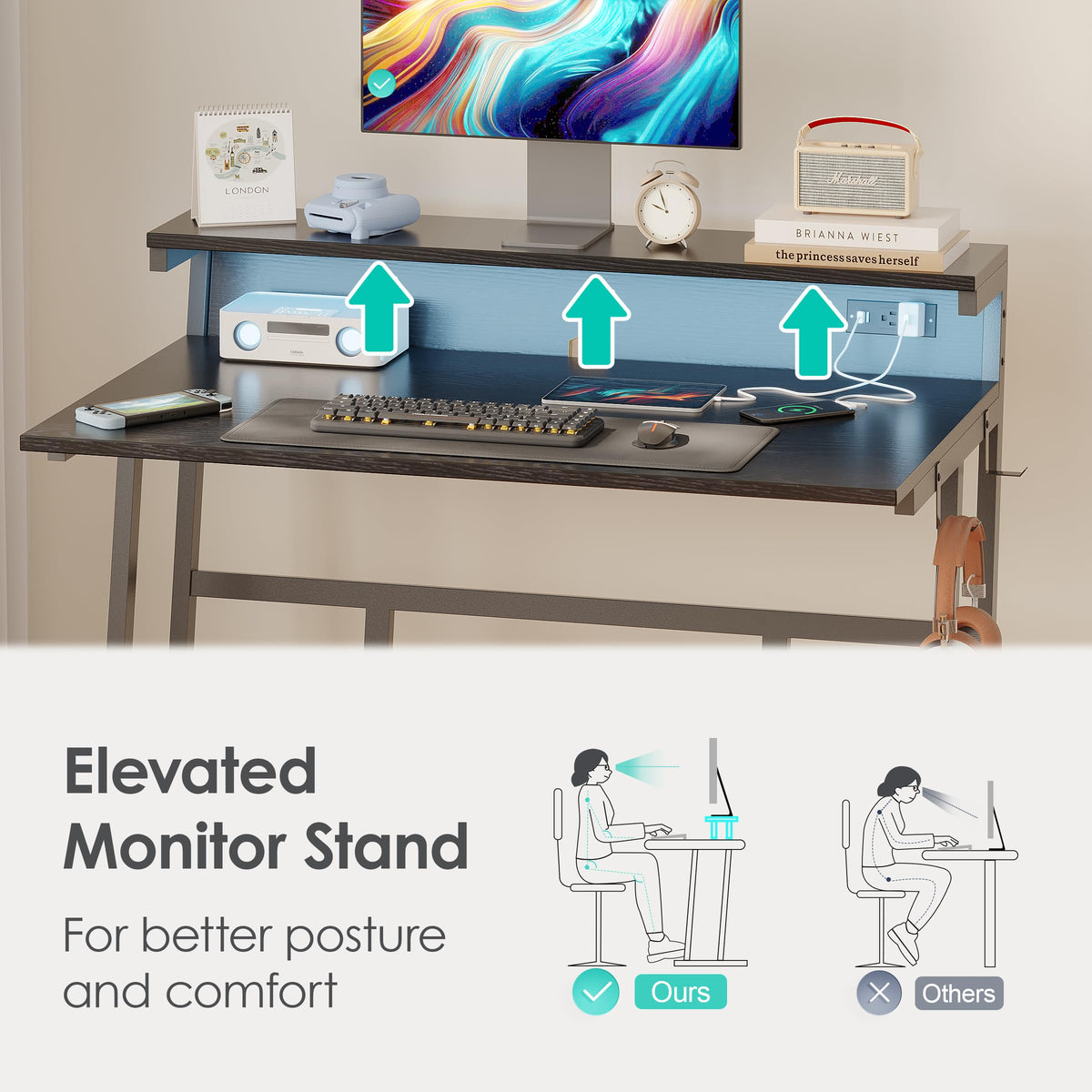 Zenira 40 Inch Computer Desk with LED Light Strip, Writing Desk for Home Office, Gaming Table for Bedroom, Desk with Shelves, Black