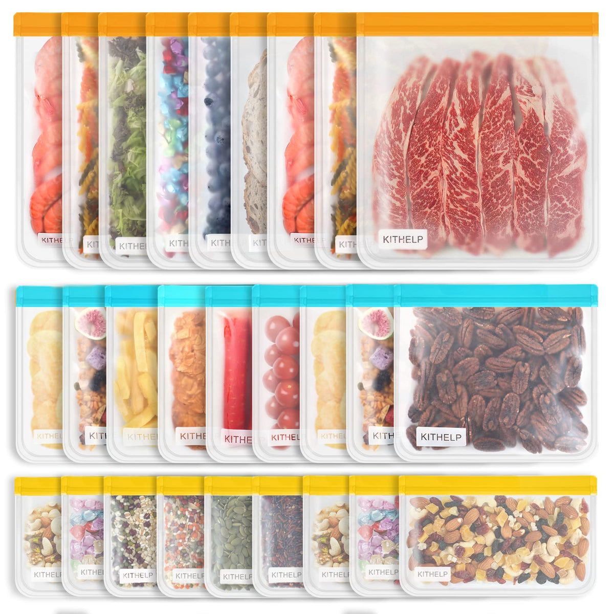 21 Pack Reusable Storage Bags BPA Free, Leak-proof Freezer Bags (7 Reusable Gallon Bags + 7 Reusable Sandwich Bags + 7 Reusable Snack Bags) Lunch Bags Washable Eco-Friendly for food