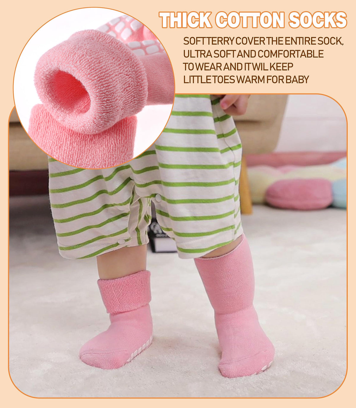 LANLEO Baby Girls Boys Non Slip Socks with Grips Toddler Kids Unisex Warm Thick Cotton Ankle Crew Socks with Grippers 6 Pairs Color A,1-3 Year Old