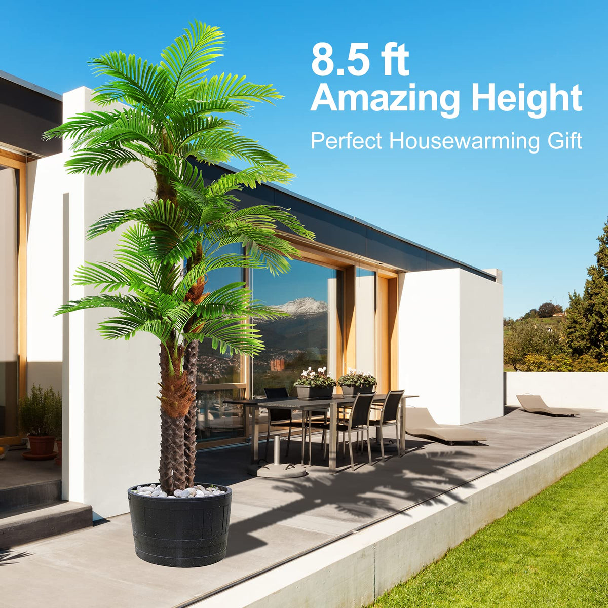 Keeplush 8.5ft Tall Artificial Palm Tree for Outdoors - Triple Phoenix Palm, UV Resistant, Large Fake Silk Palm Tree - Perfect for Patio, Poolside, Home Indoor Aesthetic Decor