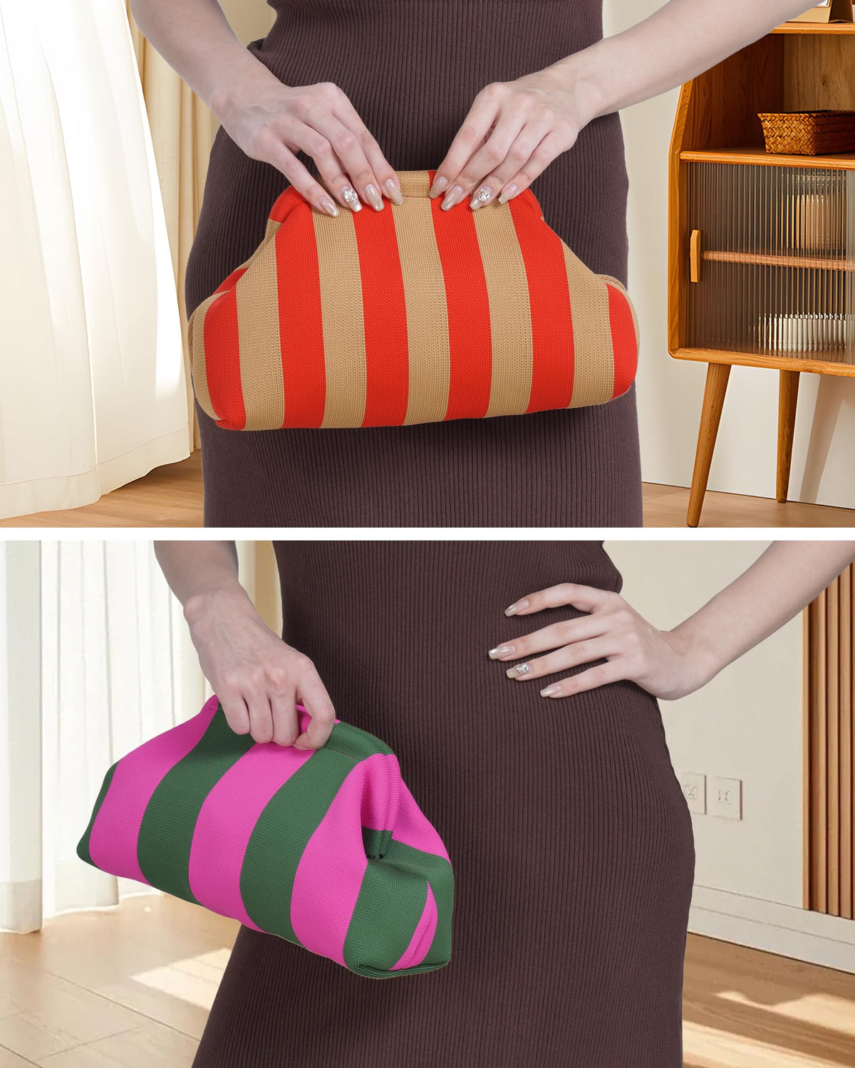 bohunono Woven Clutch Purses for Woman,Summer Beach Purse for Vacation, Woven Striped Dumpling Bag,Crochet Evening Handbag