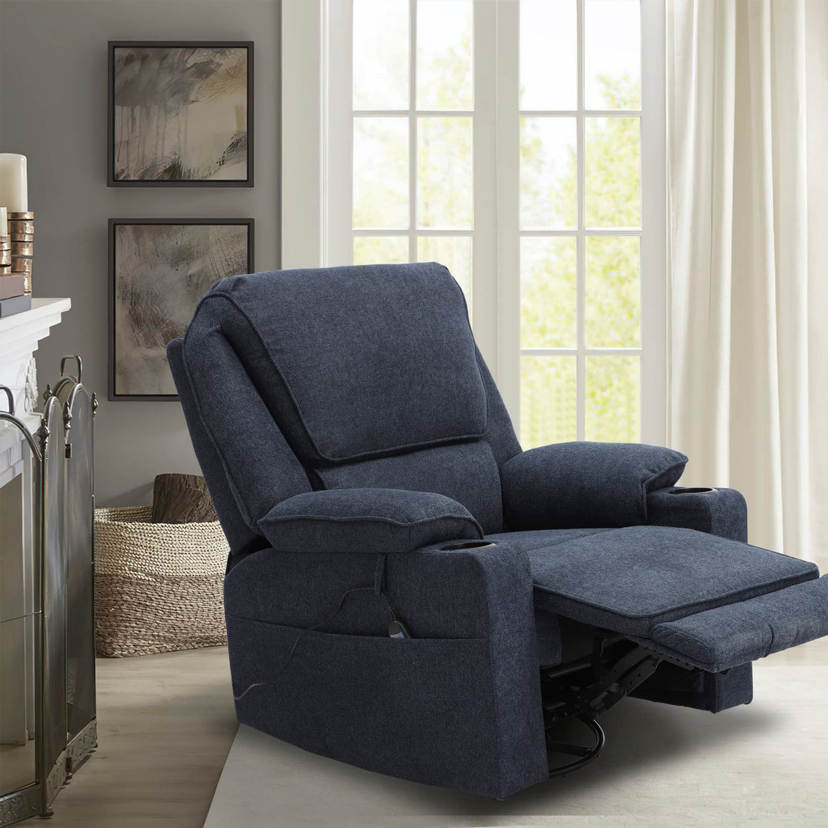 LOUVIXA Swivel Glider Recliner Chair for Adults,Manual Recliner with Massage and Heat, Linen Cotton Fabric Ergonomic Lounge Chair with Cup Holder for Living Room, Bedroom, Nursery (Navy Blue)