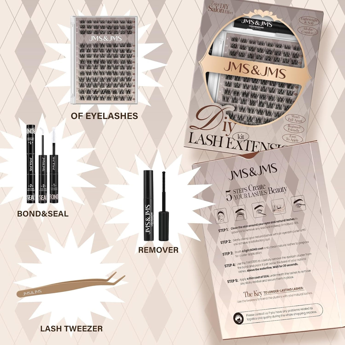 JMS&JMS Lash Clusters Kit Lash Extension Kit with Lash Bond and Seal Eyelash Applictor Lash Remover Eyelash Brush Lash Extension Kit for Beginner (3D BABY SOFIA-8-18mix)